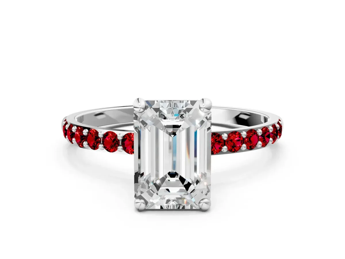 Emerald Cut Diamond Solitaire Ring with Round Ruby Pavé Band and Prong Setting Silver