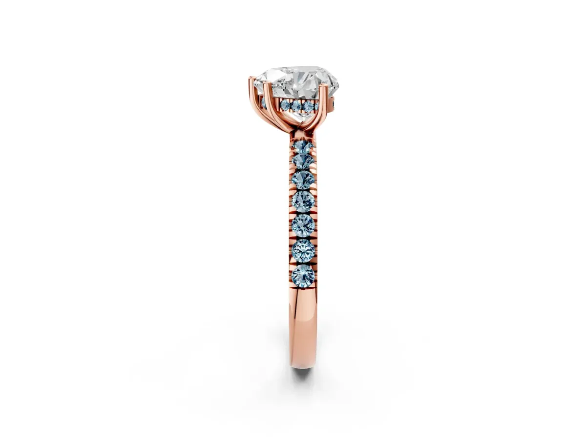 Heart Cut Diamond Pave Band Solitaire Ring with Round Aquamarine and Prong Setting Rose gold