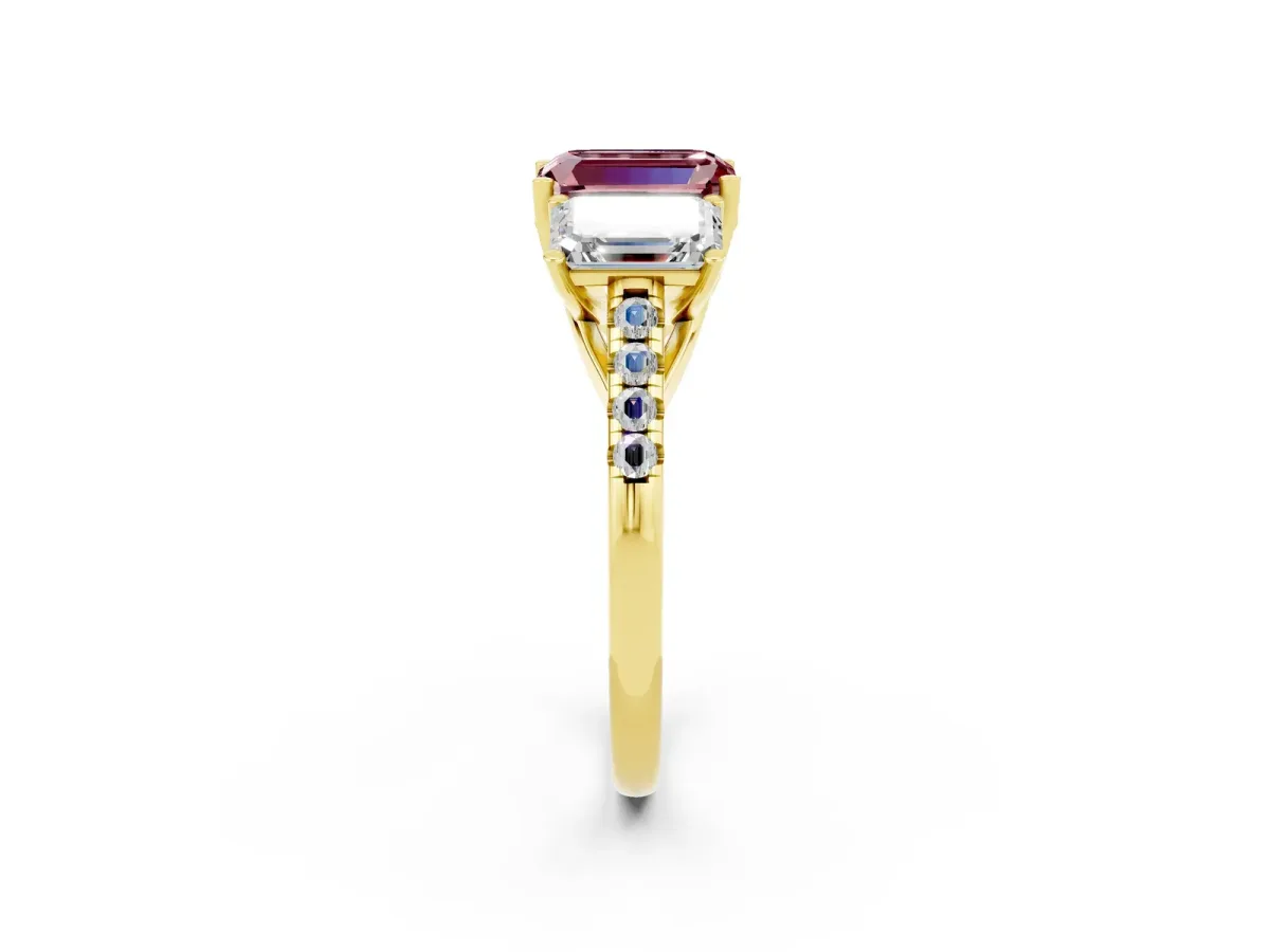 Three-Stone Emerald Cut Morganite Ring with Round Pavé Band and Prong Setting Yellow gold