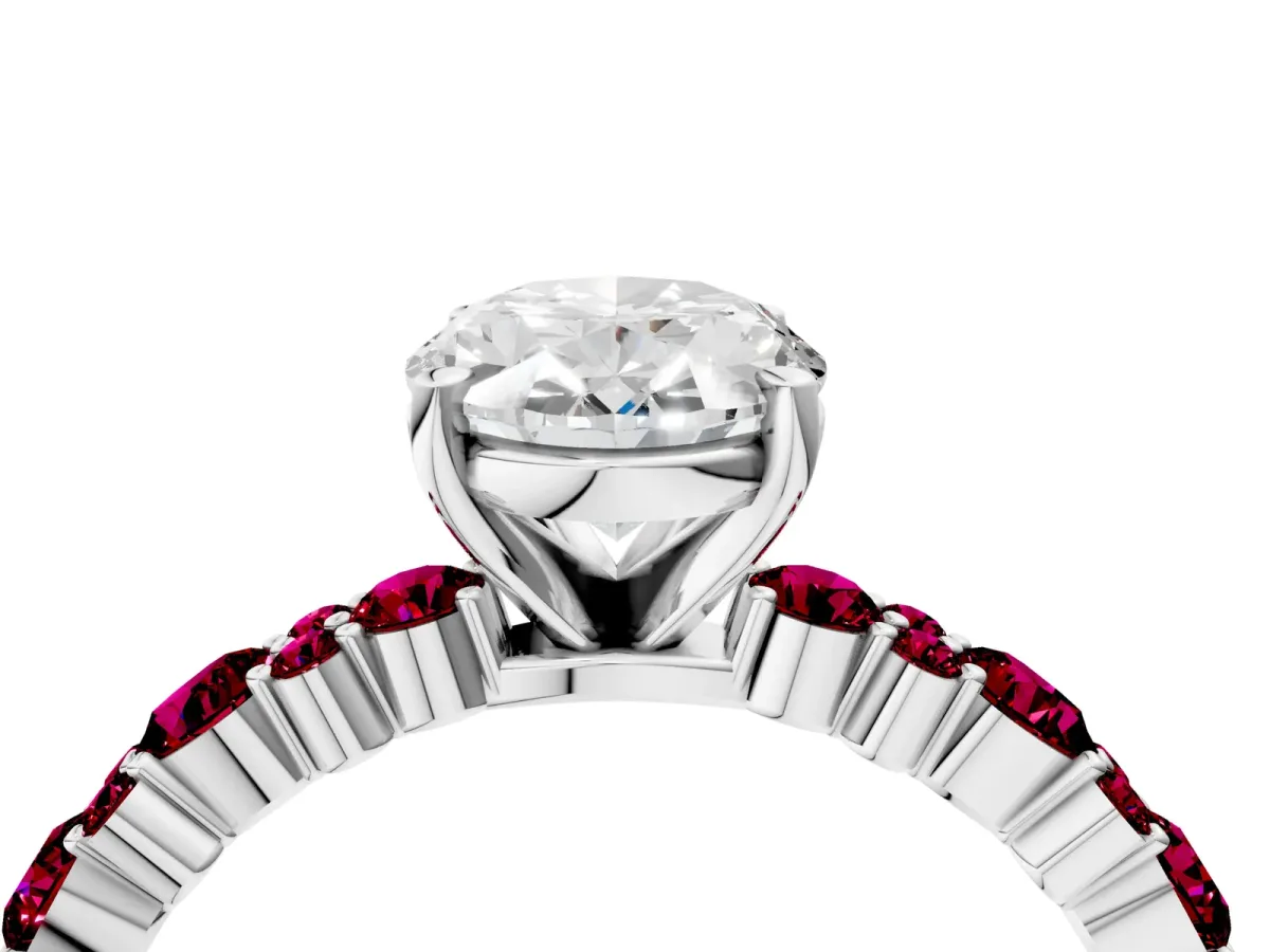 Oval Cut Diamond Side Stone Solitaire Ring with Round Garnet and Four-Prong Setting Silver