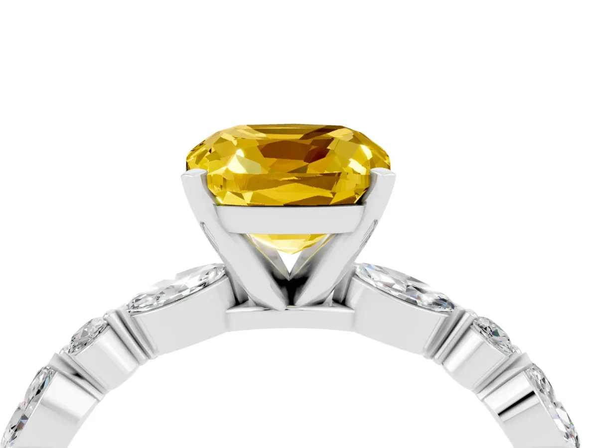 Cushion Cut Yellow Sapphire Ring with Marquise and Round Side Stones and Four-Prong Setting Silver