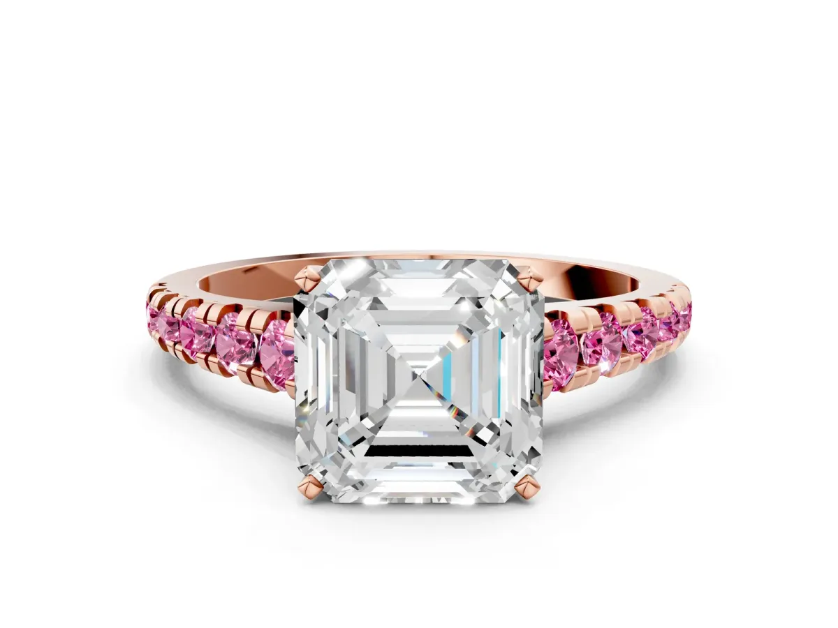 Asscher Cut Diamond Cathedral Solitaire Ring with Round Pink Sapphire Pavé Band Rose gold