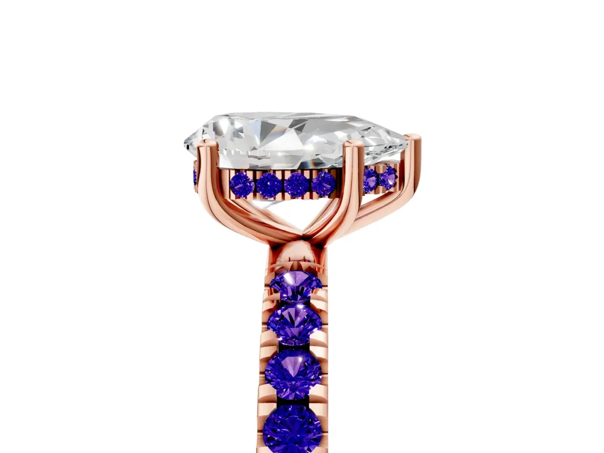 Pear Cut Diamond Pave Band Solitaire Ring with Round Tanzanite and Prong Setting Rose gold