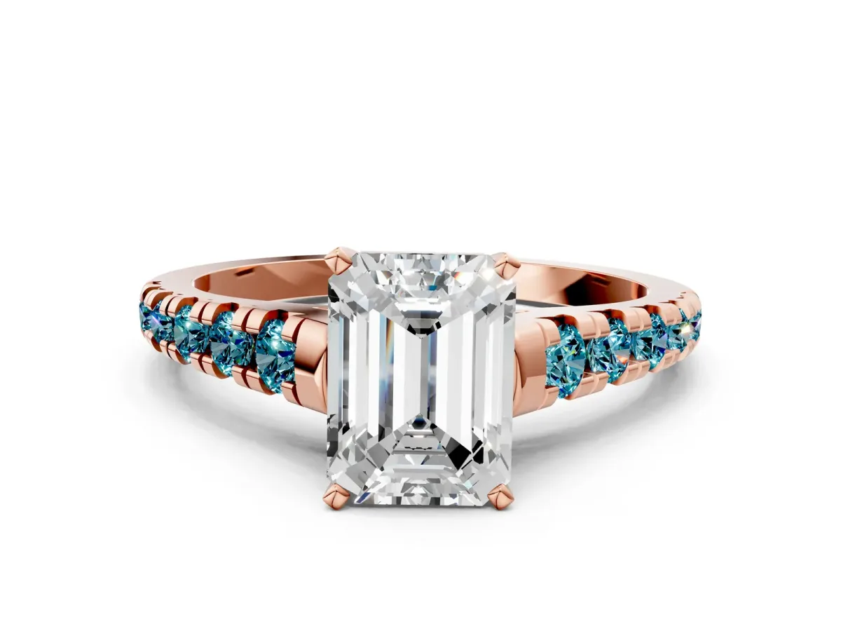 Emerald Cut Diamond Cathedral Solitaire Ring with Round Blue Topaz Pavé Band Rose gold