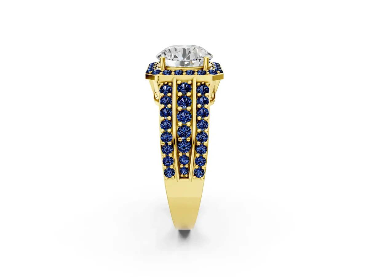 Round Cut Halo Diamond Ring with Round Blue Sapphire Split Shank and Prong Setting Yellow gold