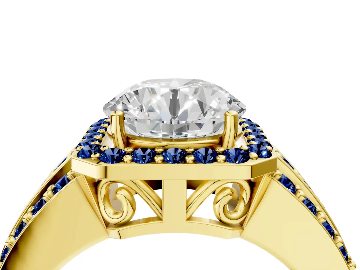 Round Cut Halo Diamond Ring with Round Blue Sapphire Split Shank and Prong Setting Yellow gold