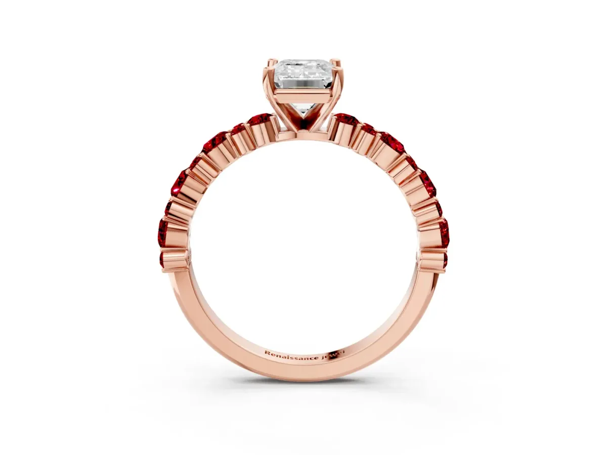 Emerald Cut Diamond Side Stone Solitaire Ring with Round Ruby and Four-Prong Setting Rose gold