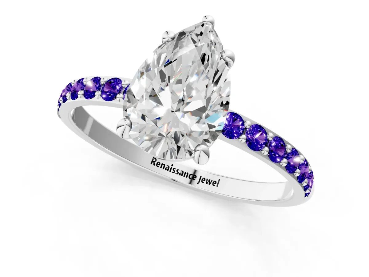 Pear Cut Diamond Solitaire Ring with Round Tanzanite Pavé Band and Prong Setting Platinum