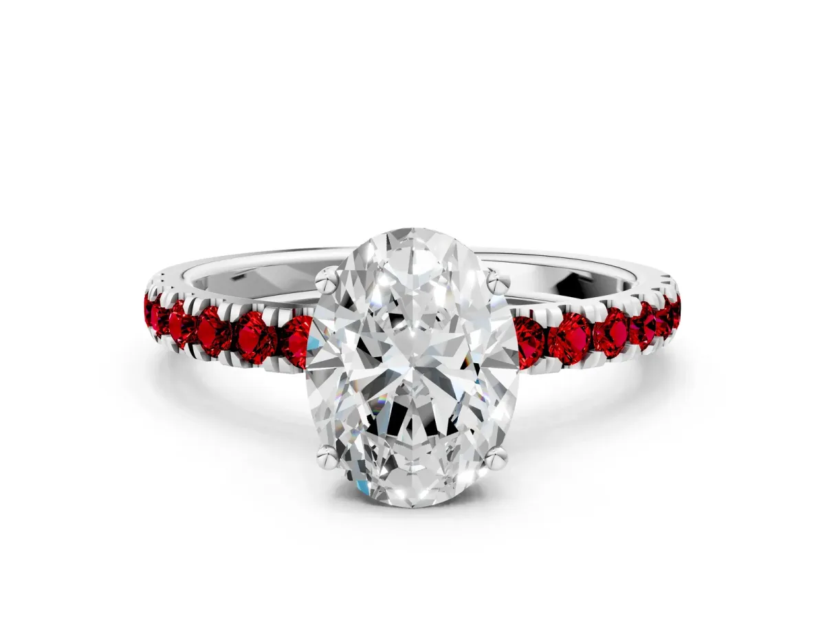 Oval Cut Diamond Pave Band Solitaire Ring with Round Ruby and Prong Setting White gold