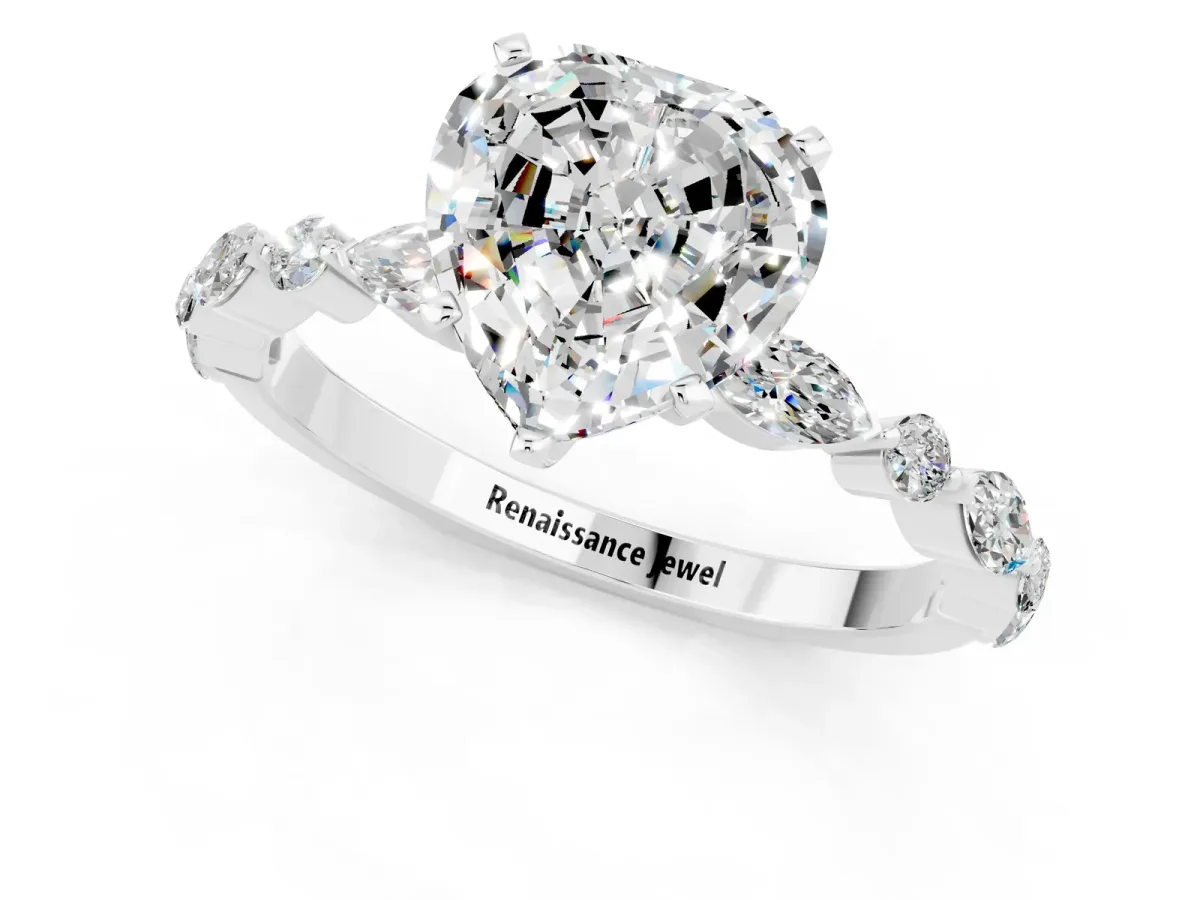 Heart Cut Moissanite Ring with Marquise and Round Side Stones and Four-Prong Setting Silver