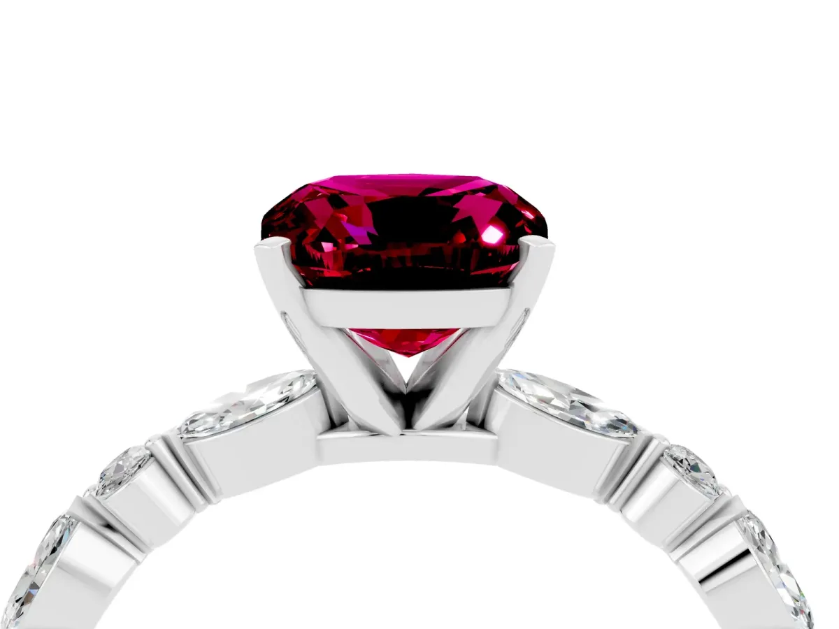 Cushion Cut Garnet Ring with Marquise and Round Side Stones and Four-Prong Setting Platinum