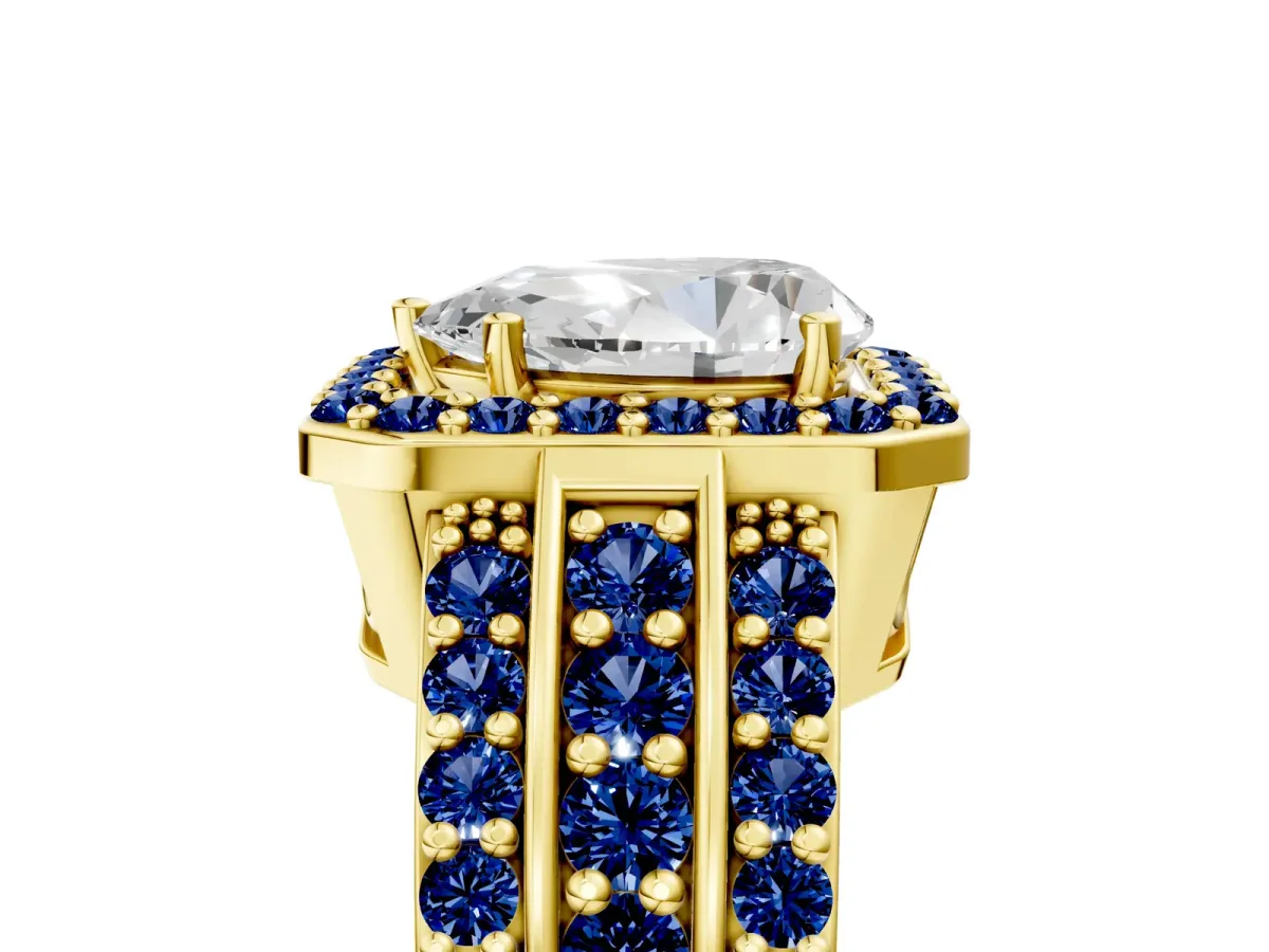 Pear Cut Halo Diamond Ring with Round Blue Sapphire Split Shank and Prong Setting Yellow gold