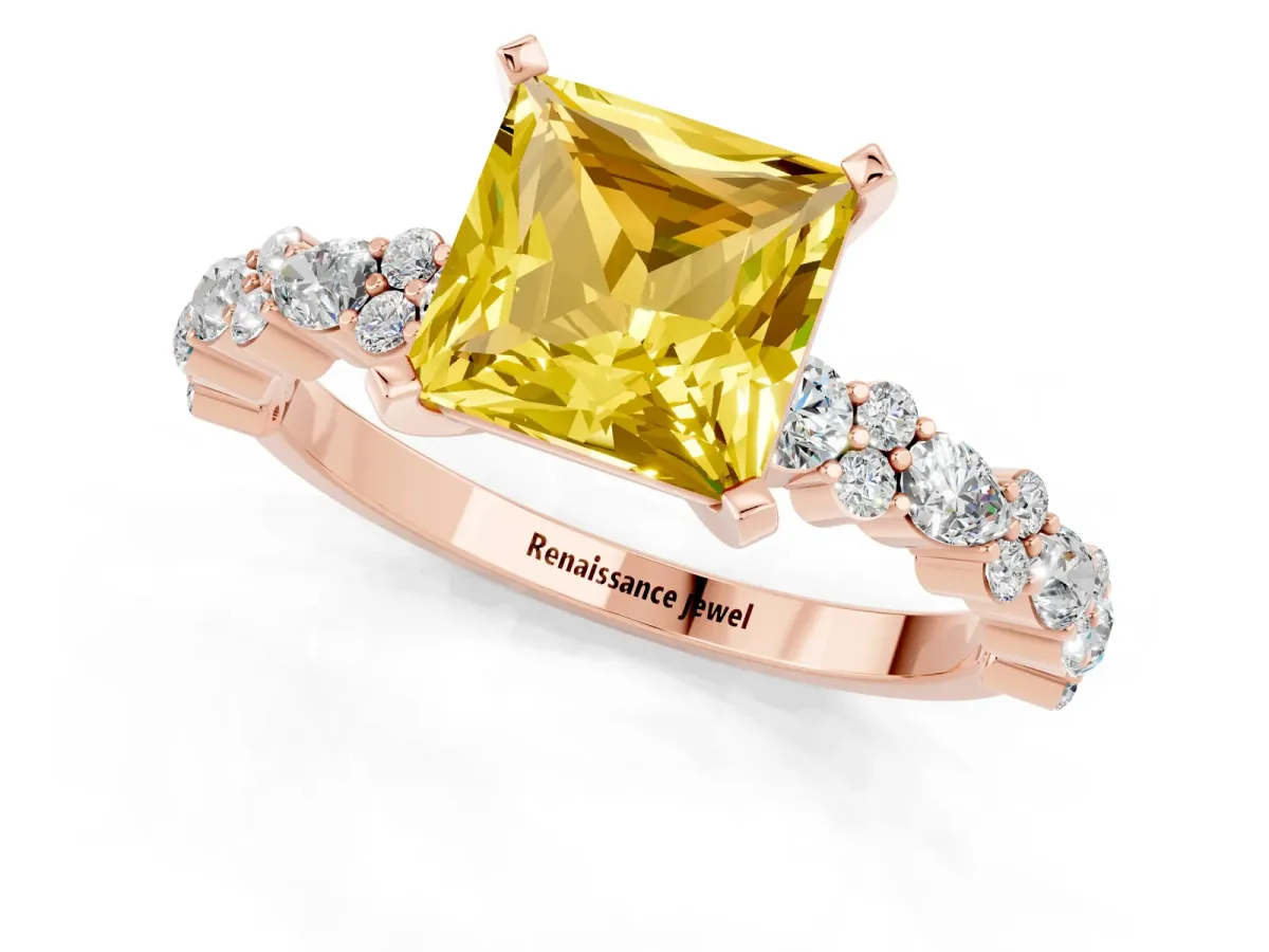 Princess Cut Yellow Sapphire Side Stone Solitaire Ring with Round and Four-Prong Setting Rose gold