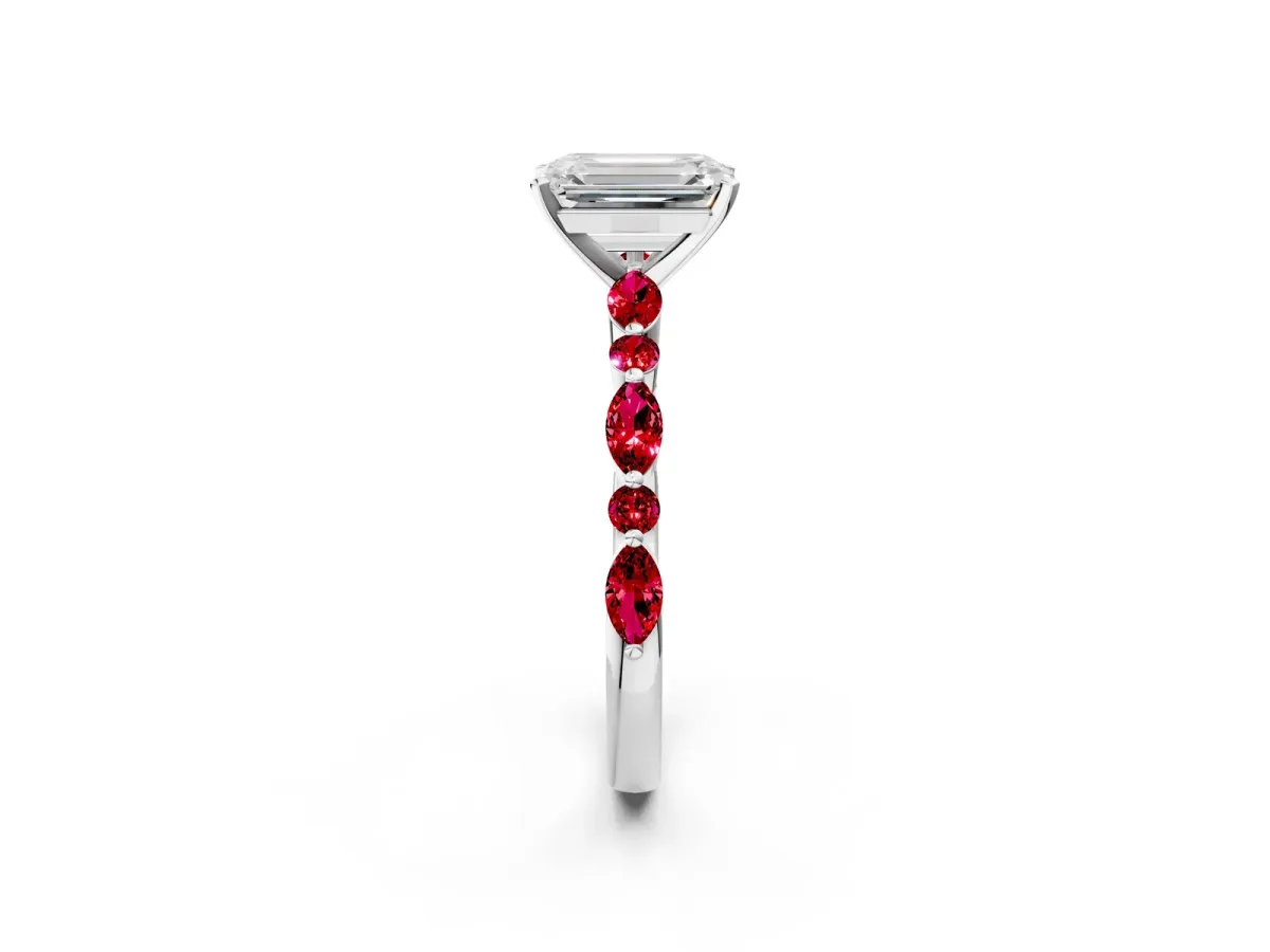 Emerald Cut Diamond Ring with Marquise and Round Ruby Side Stones and Four-Prong Setting Silver