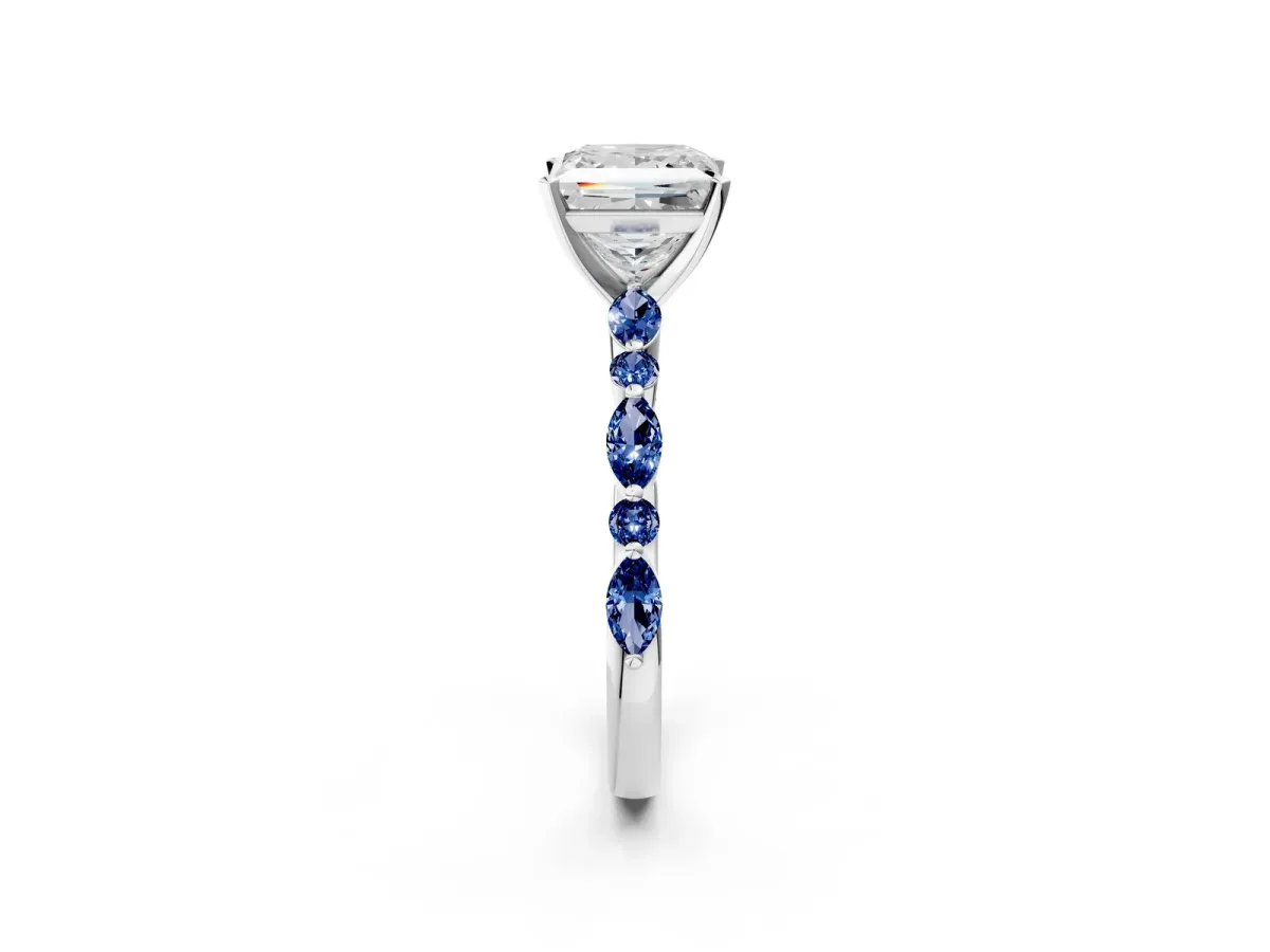 Princess Cut Diamond Ring with Marquise and Round Blue Sapphire Side Stones and Four-Prong Setting Platinum