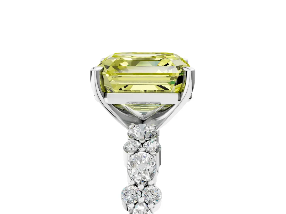 Fancy Yellow Asscher Cut Diamond Side Stone Solitaire Ring with Round and Four-Prong Setting Platinum