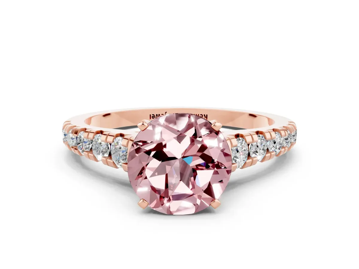 Round Cut Morganite Cathedral Solitaire Ring with Round Pavé Band Rose gold
