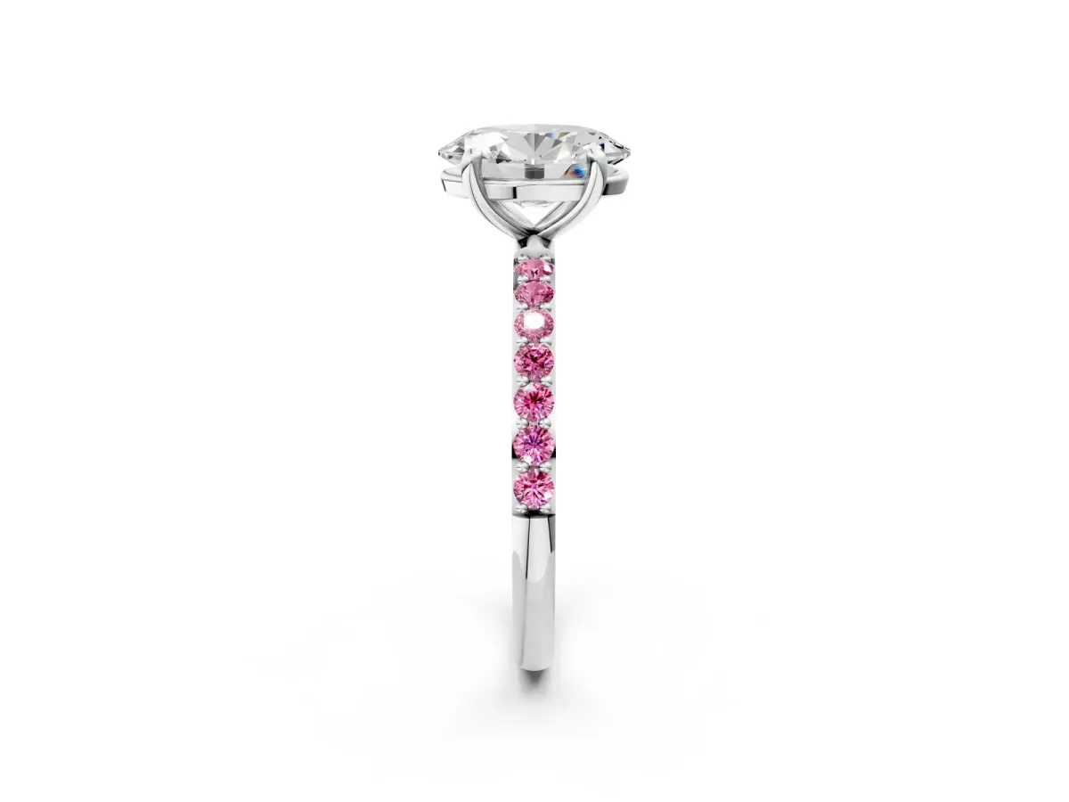 Oval Cut Diamond Solitaire Ring with Round Pink Sapphire Pavé Band and Prong Setting Platinum