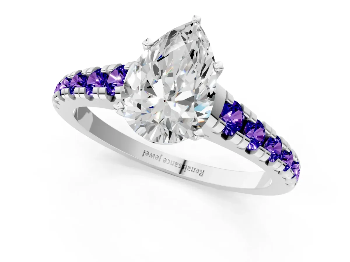 Pear Cut Diamond Cathedral Solitaire Ring with Round Tanzanite Pavé Band Platinum