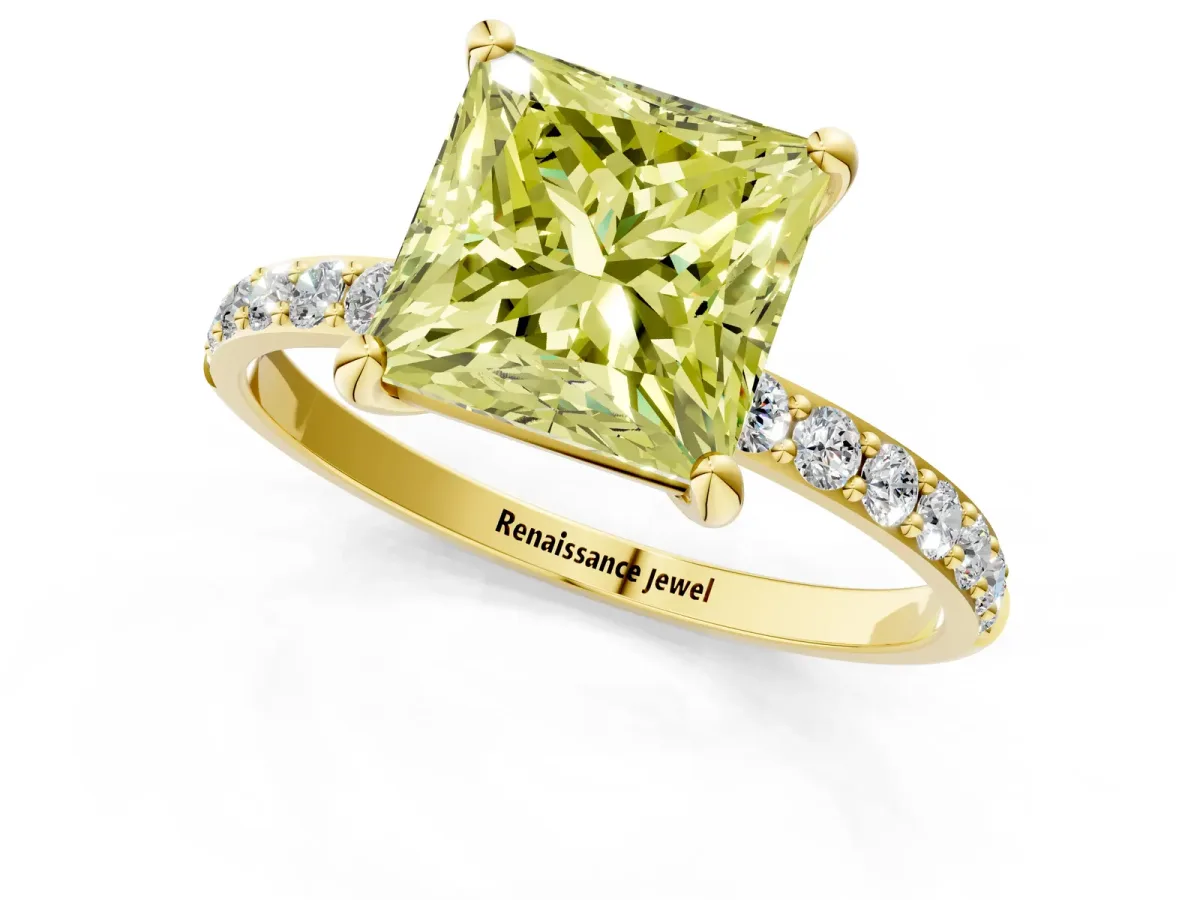 Fancy Yellow Princess Cut Diamond Solitaire Ring with Round Pavé Band and Prong Setting Yellow gold