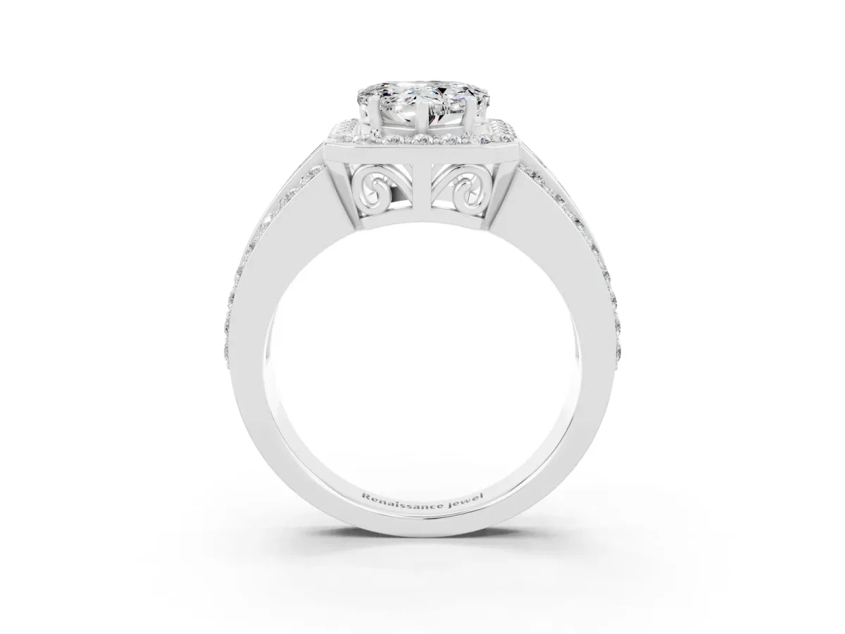 Heart Cut Halo Moissanite Ring with Round Split Shank and Prong Setting White gold