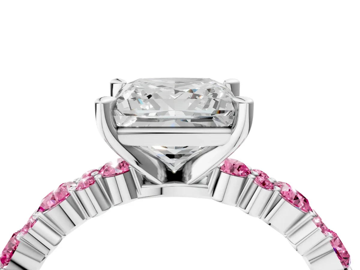 Princess Cut Diamond Side Stone Solitaire Ring with Round Pink Sapphire and Four-Prong Setting Platinum