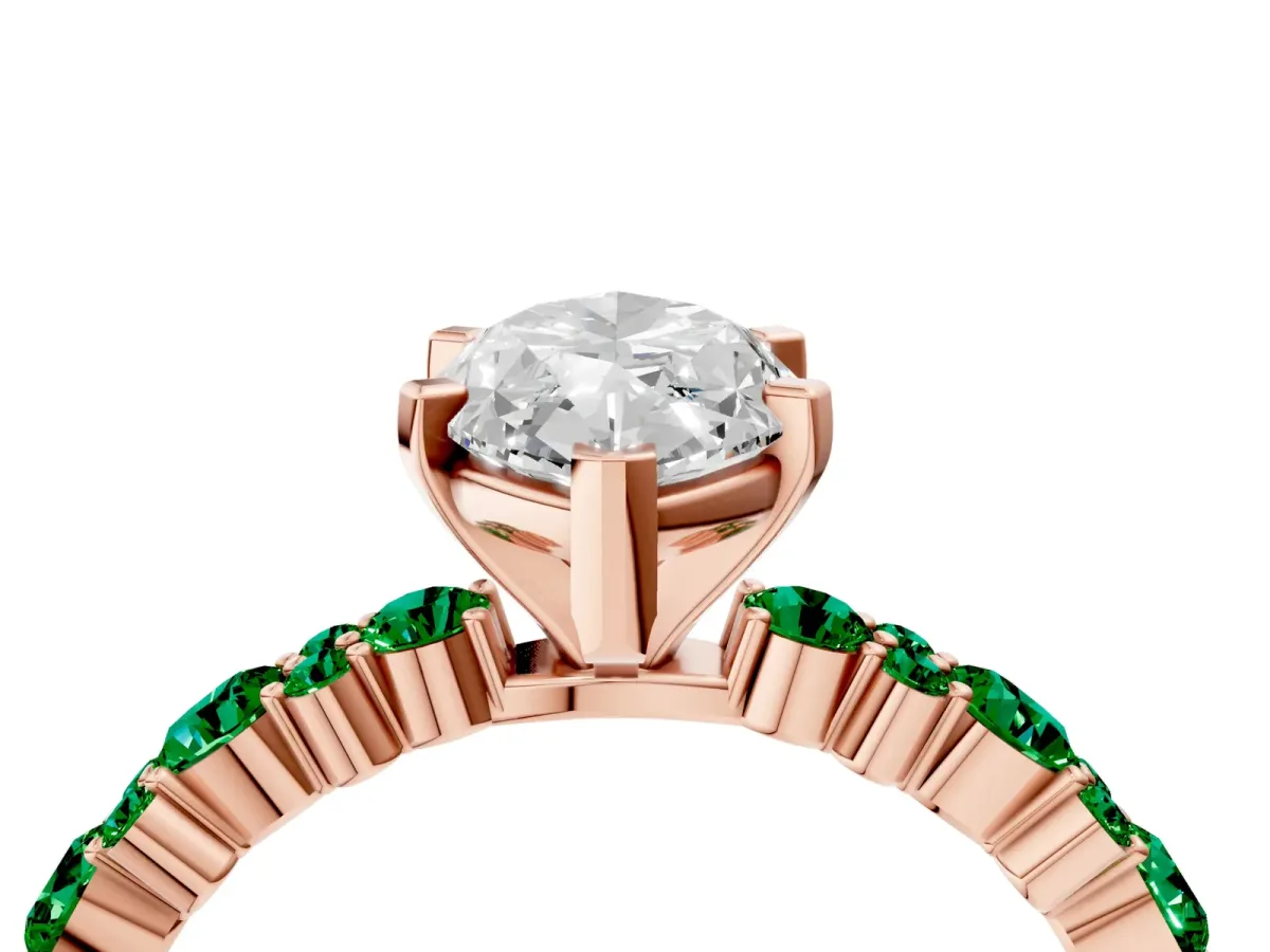 Marquise Cut Diamond Side Stone Solitaire Ring with Round Emerald and Four-Prong Setting Rose gold