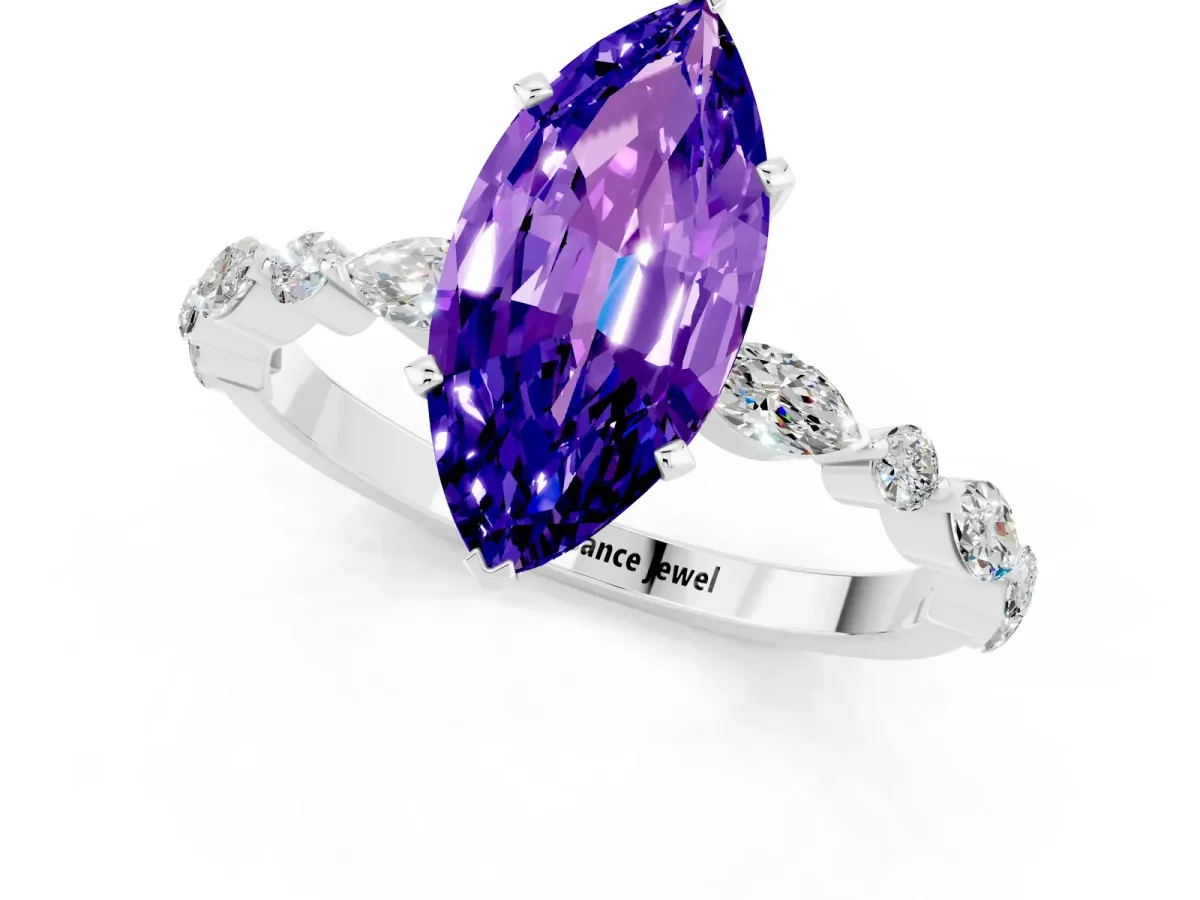 Marquise Cut Tanzanite Ring with Marquise and Round Side Stones and Four-Prong Setting Silver