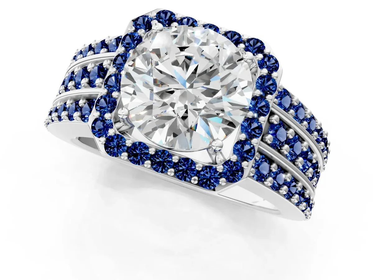 Round Cut Halo Diamond Ring with Round Blue Sapphire Split Shank and Prong Setting Silver
