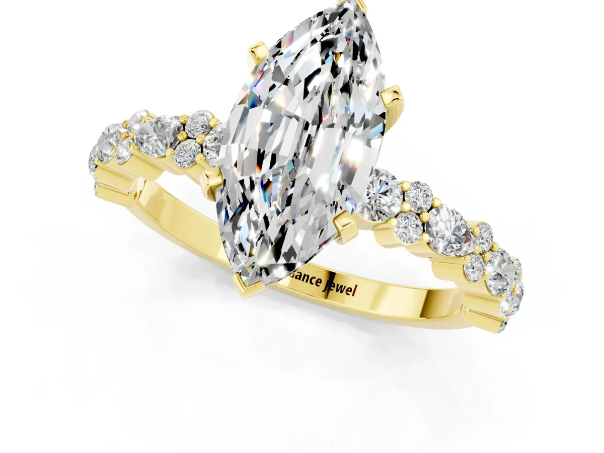 Marquise Cut Moissanite Side Stone Solitaire Ring with Round and Four-Prong Setting Yellow gold