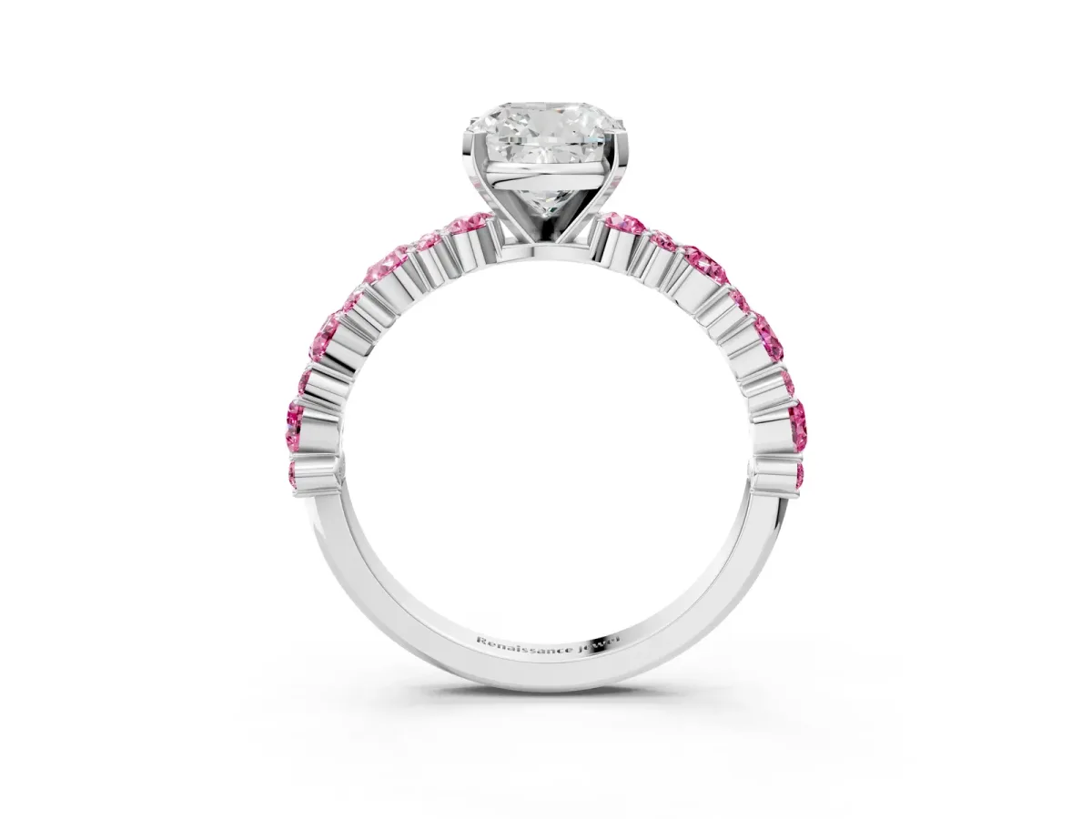 Cushion Cut Diamond Side Stone Solitaire Ring with Round Pink Sapphire and Four-Prong Setting Platinum