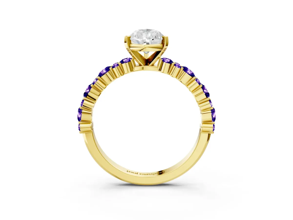 Pear Cut Diamond Side Stone Solitaire Ring with Round Tanzanite and Four-Prong Setting Yellow gold