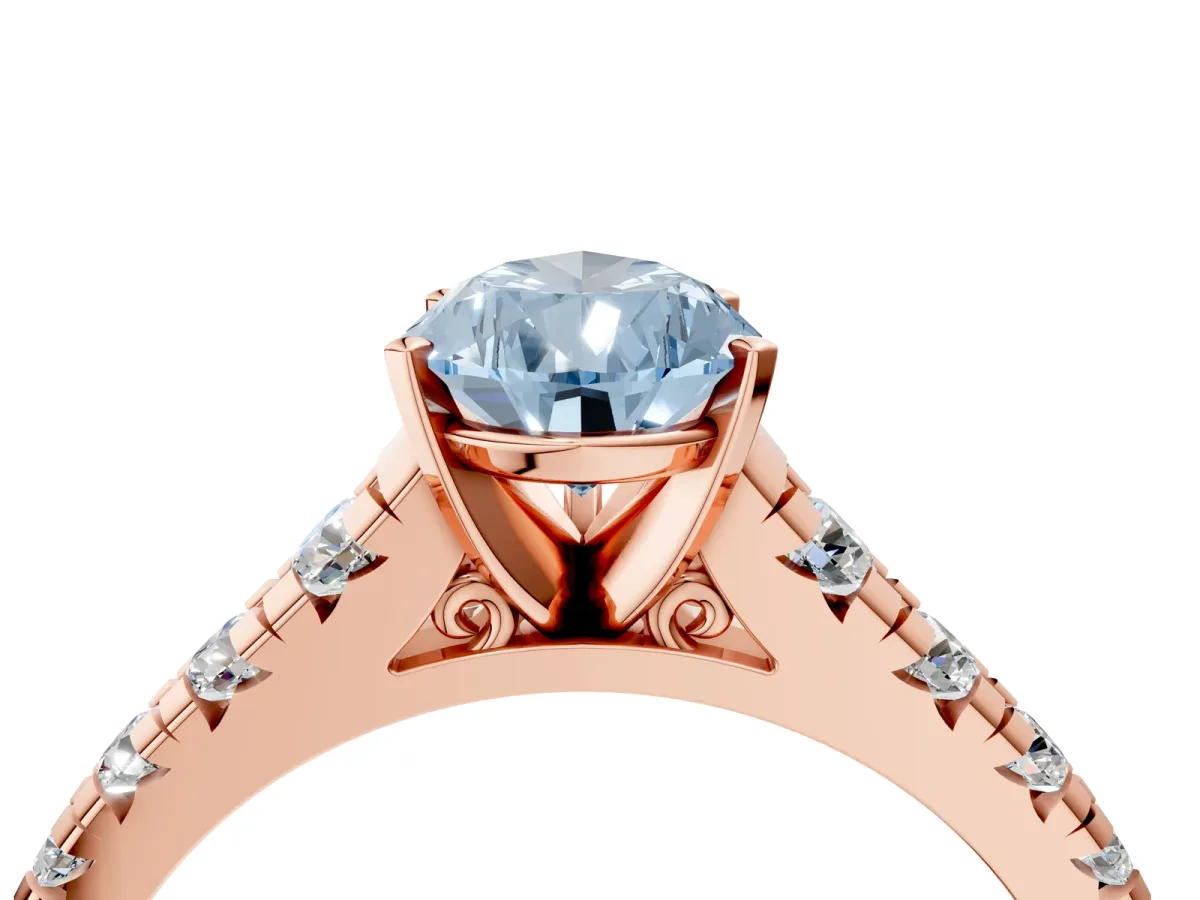 Fancy Blue Pear Cut Diamond Cathedral Solitaire Ring with Round Pavé Band Rose gold