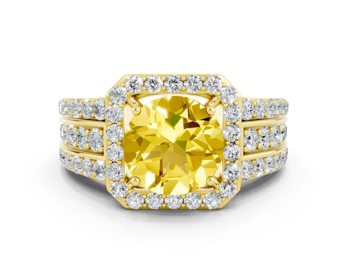 Round Cut Halo Yellow Sapphire Ring with Round Split Shank and Prong Setting Yellow gold