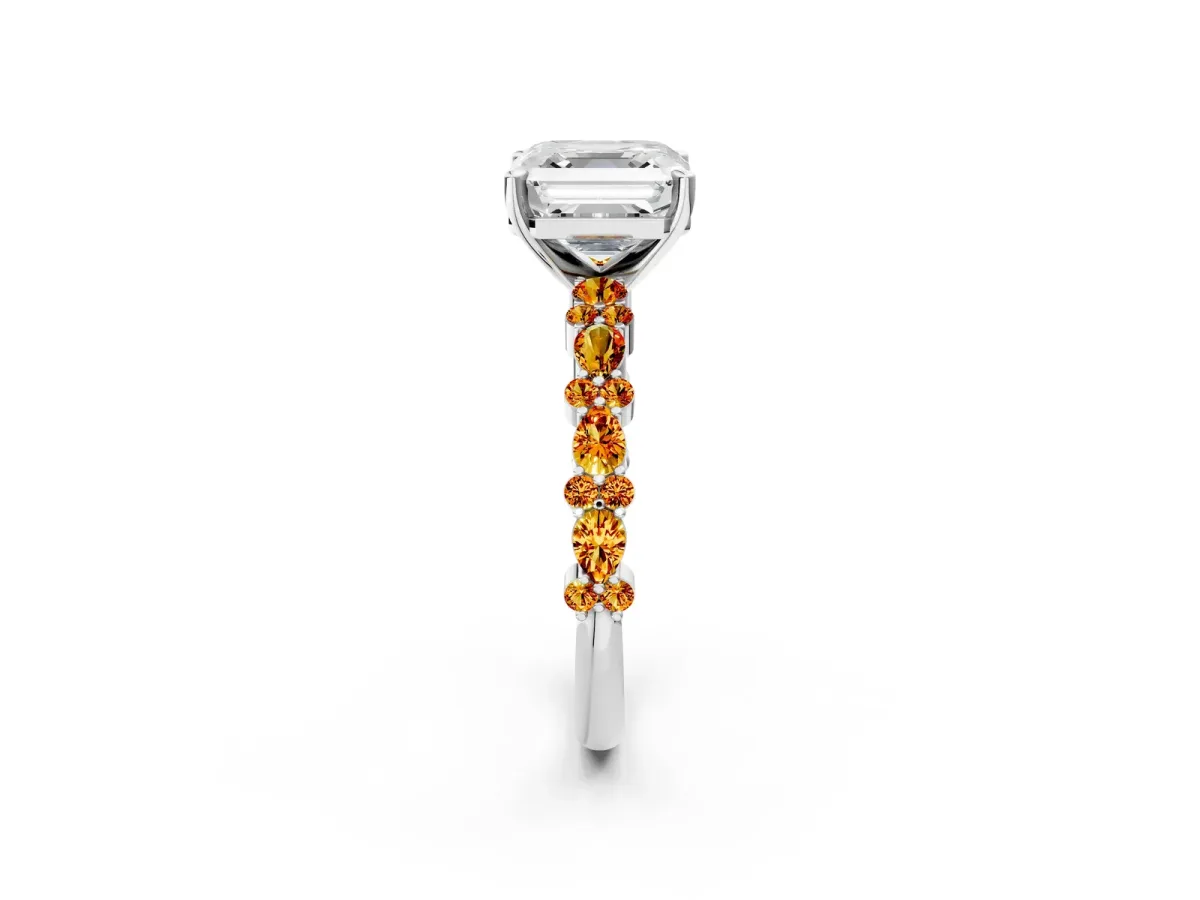 Asscher Cut Diamond Side Stone Solitaire Ring with Round Citrine and Four-Prong Setting Silver