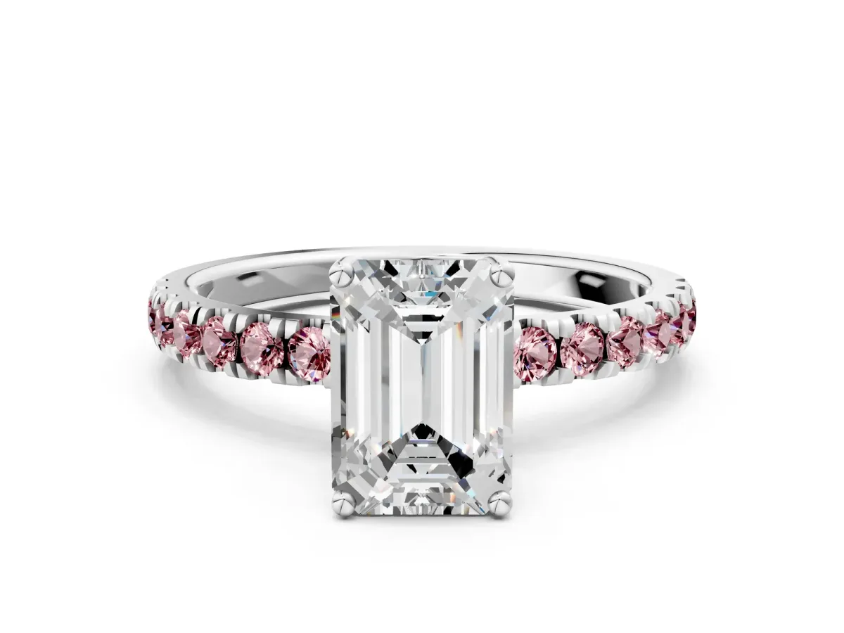 Emerald Cut Diamond Pave Band Solitaire Ring with Round Morganite and Prong Setting Platinum