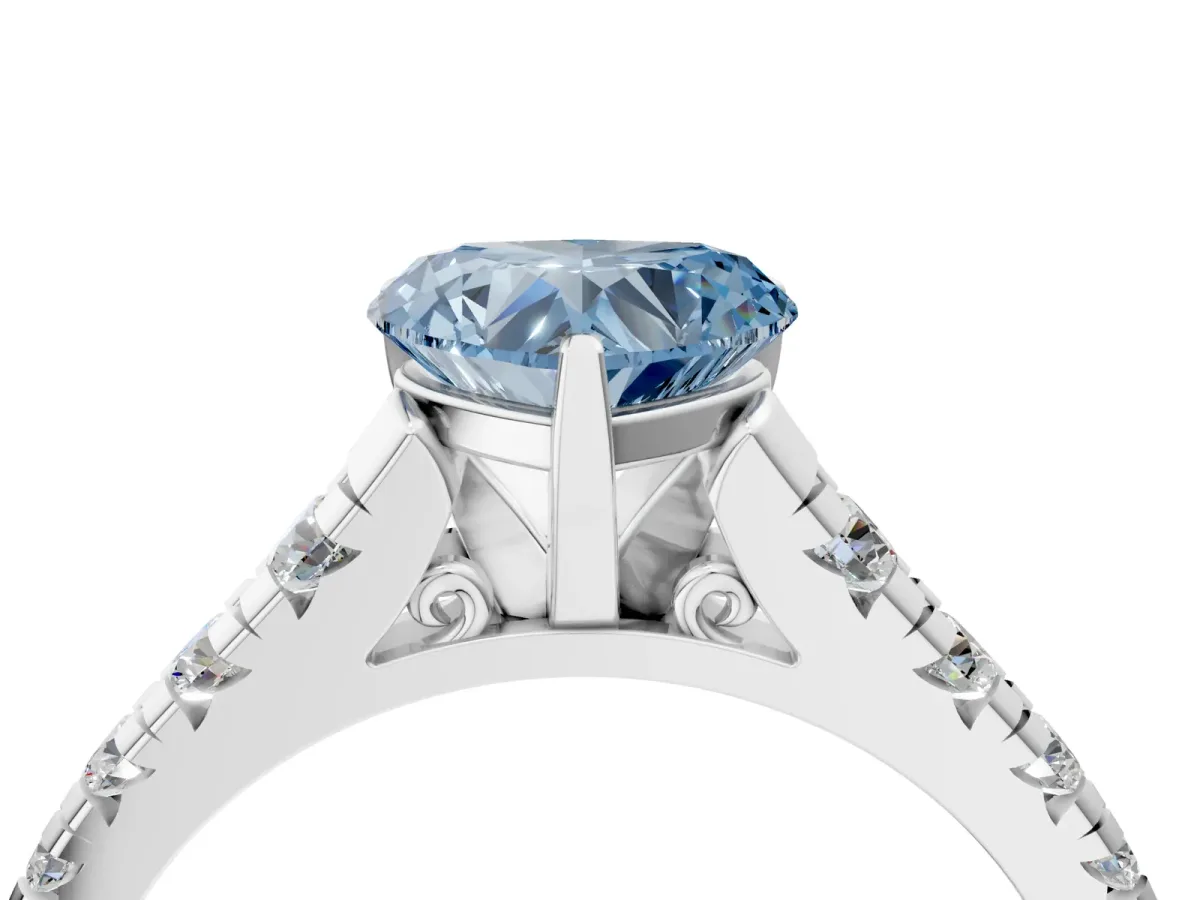 Fancy Blue Heart Cut Diamond Cathedral Solitaire Ring with Round Pavé Band White gold