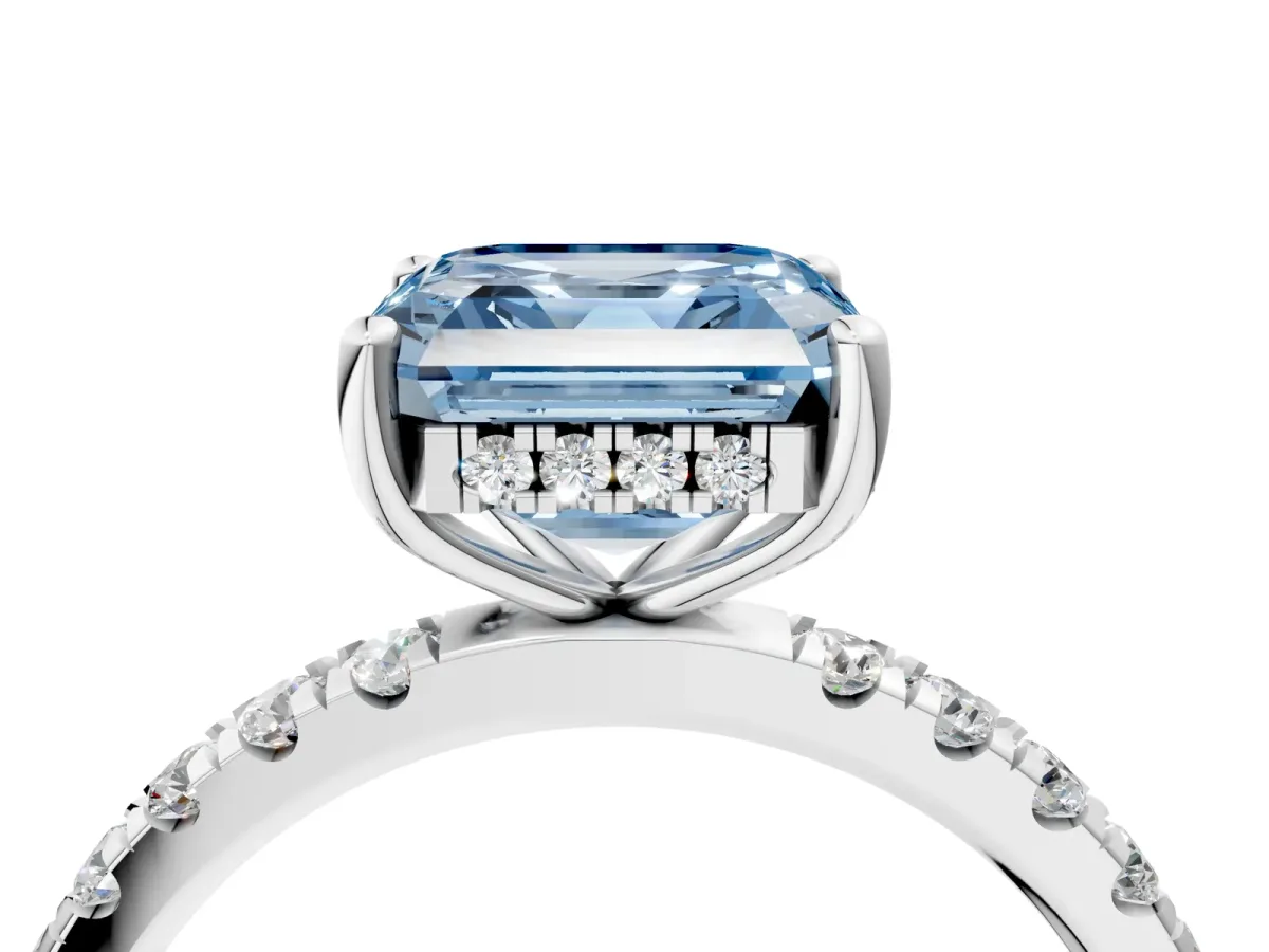 Fancy Blue Asscher Cut Diamond Pave Band Solitaire Ring with Round and Prong Setting White gold