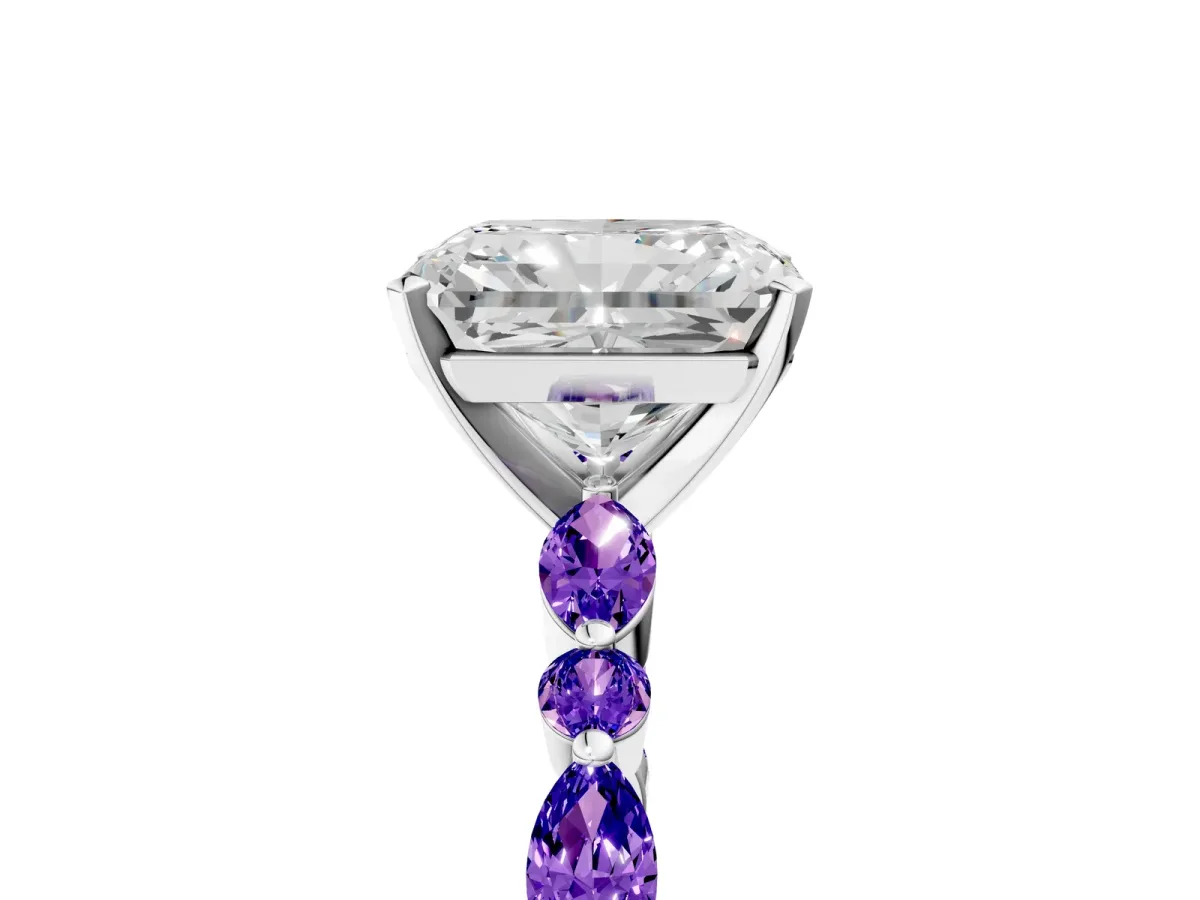 Radiant Cut Diamond Ring with Marquise and Round Tanzanite Side Stones and Four-Prong Setting Silver