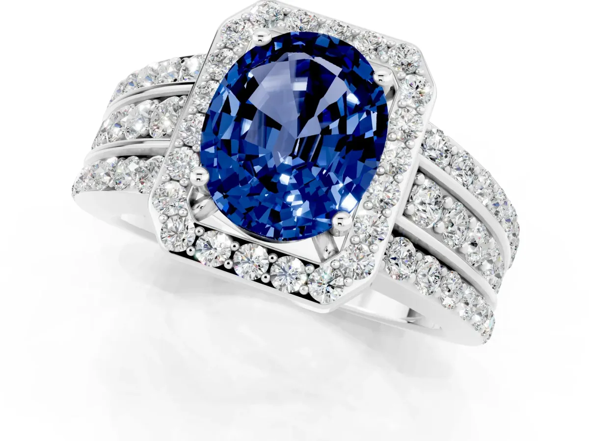 Oval Cut Halo Blue Sapphire Ring with Round Split Shank and Prong Setting Platinum