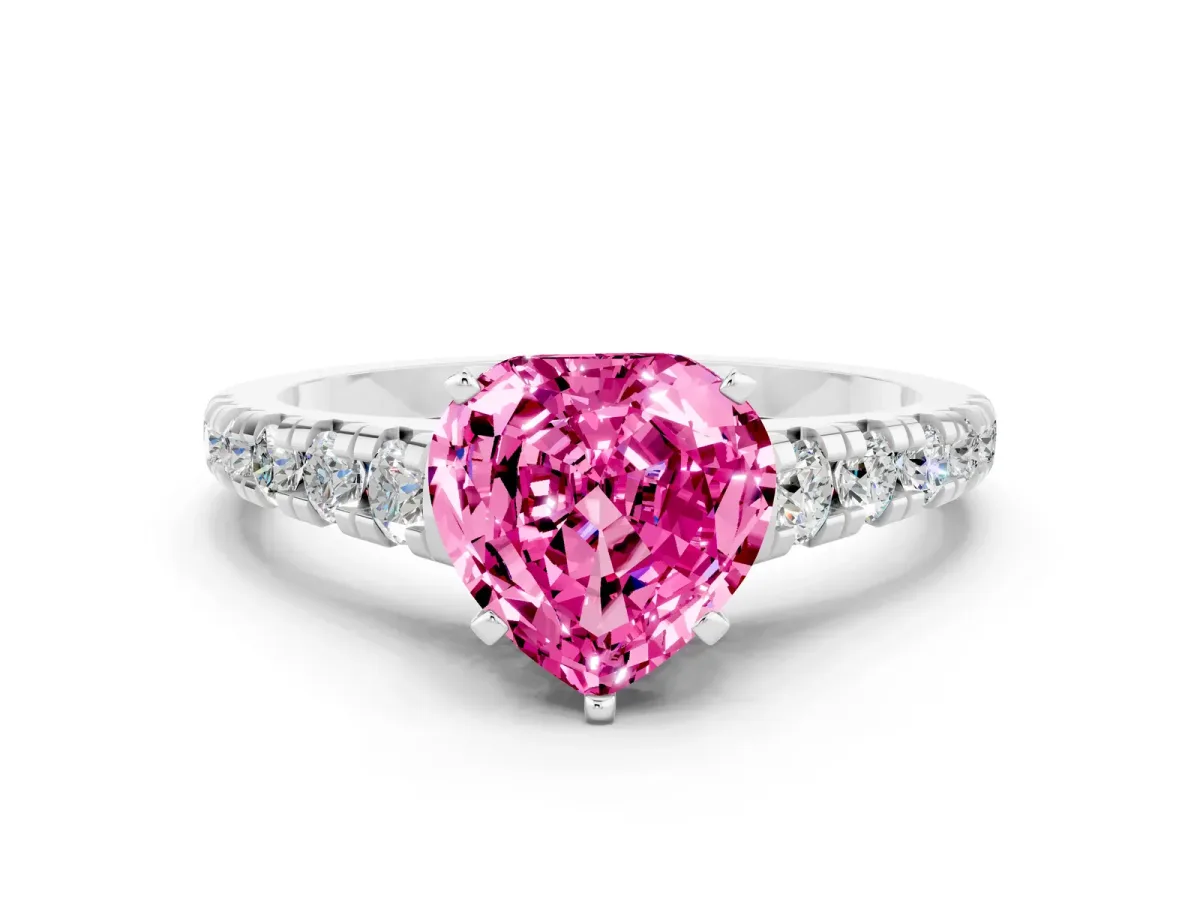 Heart Cut Pink Sapphire Cathedral Solitaire Ring with Round Pavé Band Silver