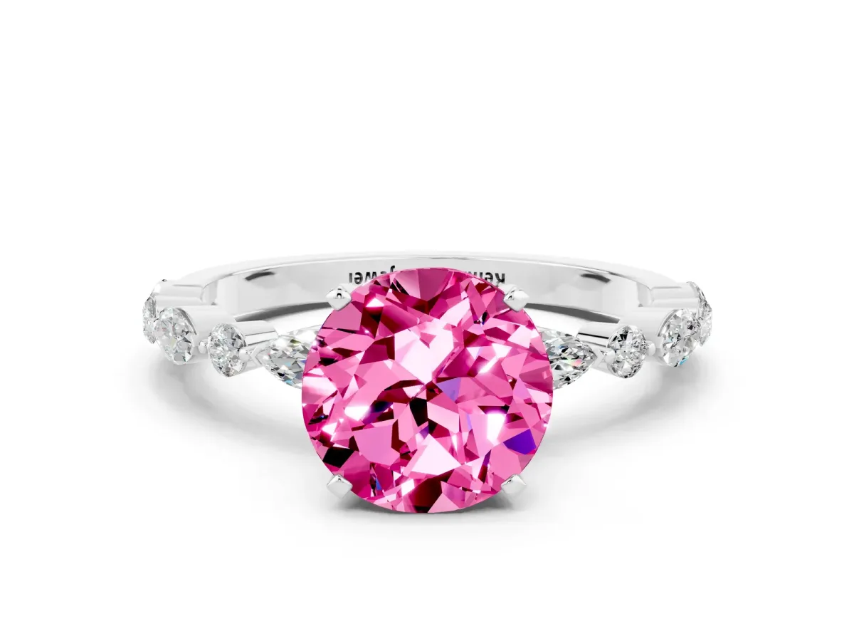 Round Cut Pink Sapphire Ring with Marquise and Round Side Stones and Four-Prong Setting Silver