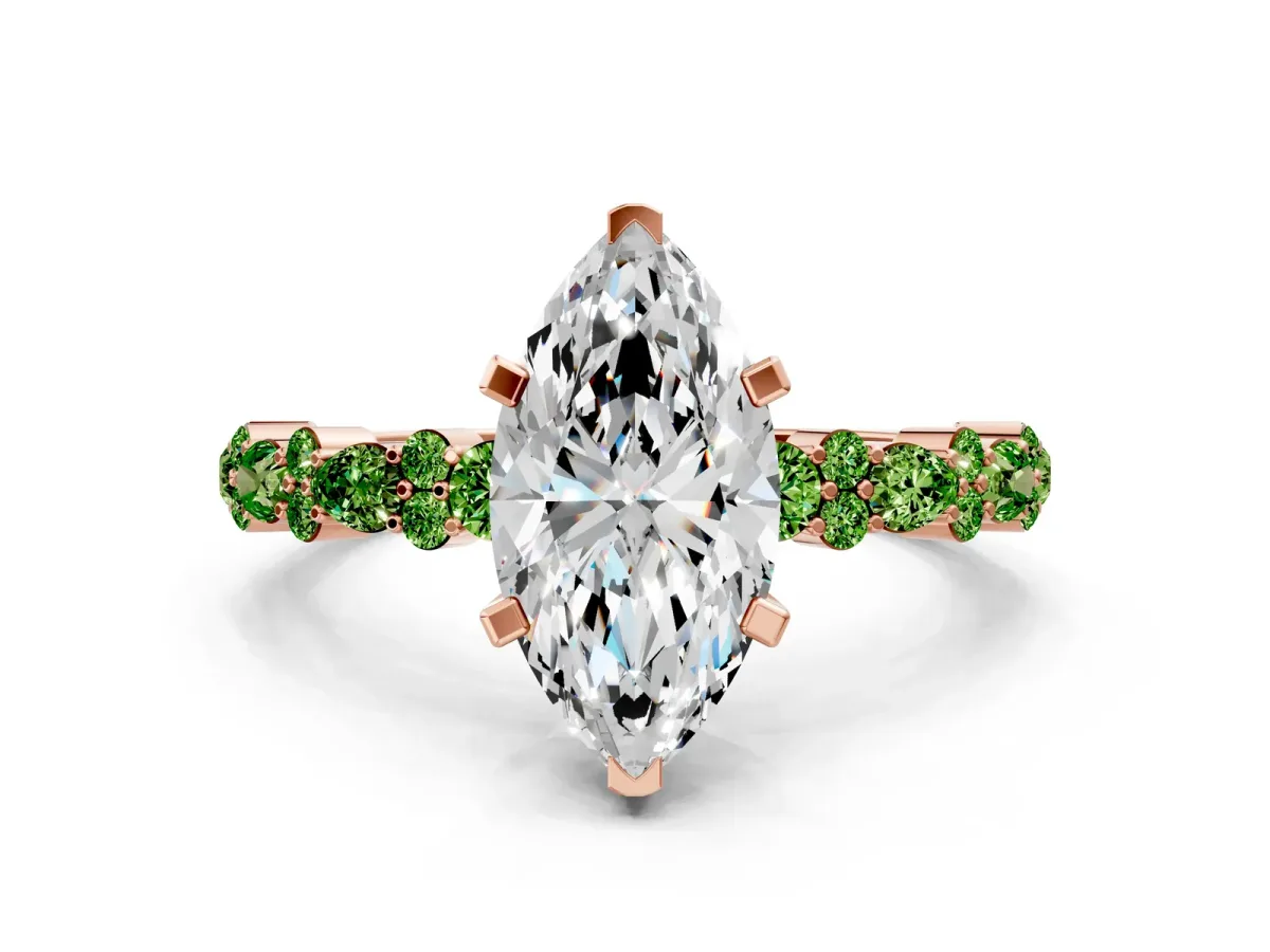 Marquise Cut Diamond Side Stone Solitaire Ring with Round Peridot and Four-Prong Setting Rose gold