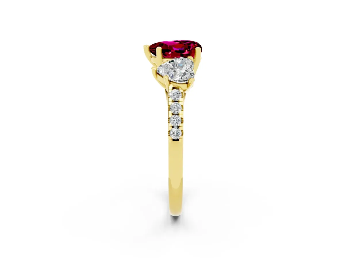 Three-Stone Heart Cut Garnet Ring with Round Pavé Band and Prong Setting Yellow gold