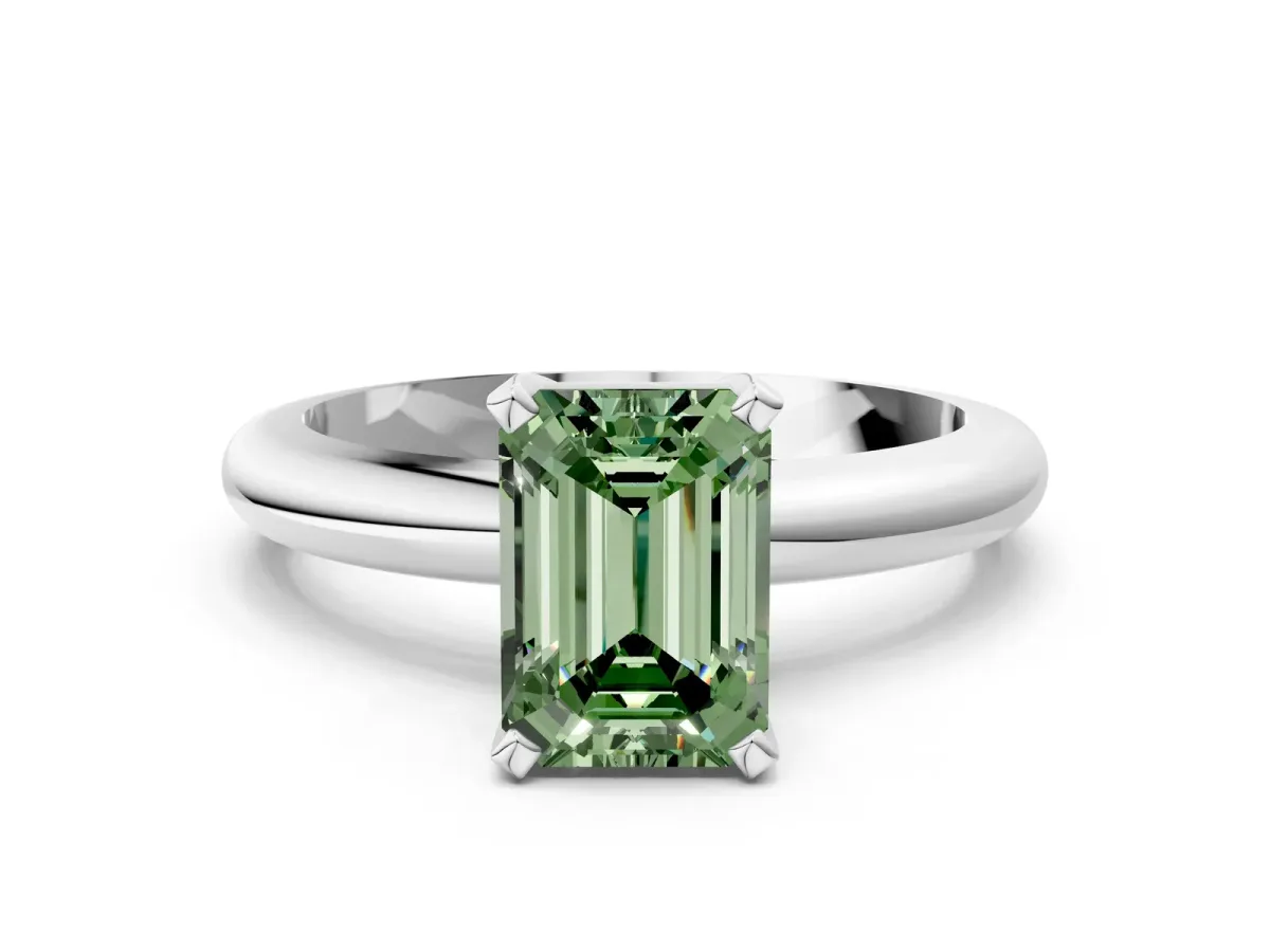 Fancy Green Emerald Cut Diamond Solitaire Engagement Ring with Round Band and Four-Prong Setting White gold