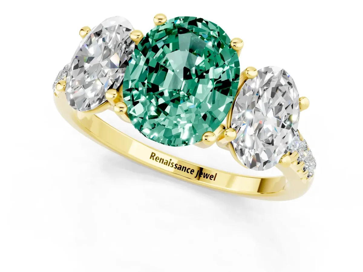 Three-Stone Oval Cut Green Sapphire Ring with Round Pavé Band and Prong Setting Yellow gold
