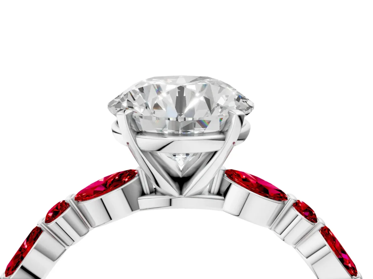 Round Cut Diamond Ring with Marquise and Round Ruby Side Stones and Four-Prong Setting White gold