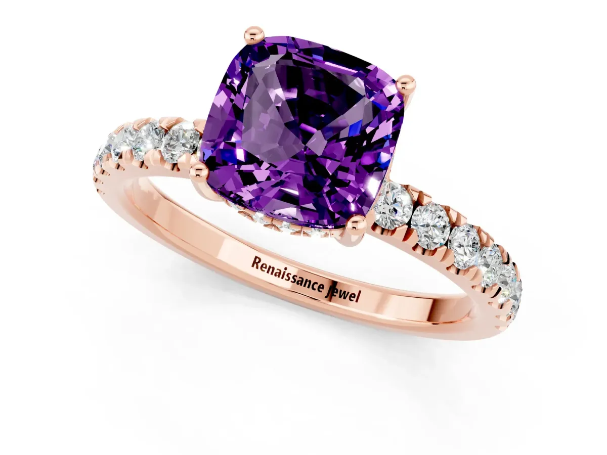 Cushion Cut Amethyst Pave Band Solitaire Ring with Round and Prong Setting Rose gold