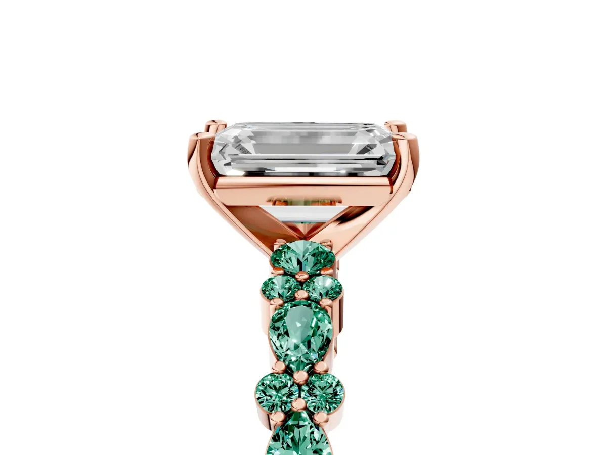 Emerald Cut Diamond Side Stone Solitaire Ring with Round Green Sapphire and Four-Prong Setting Rose gold