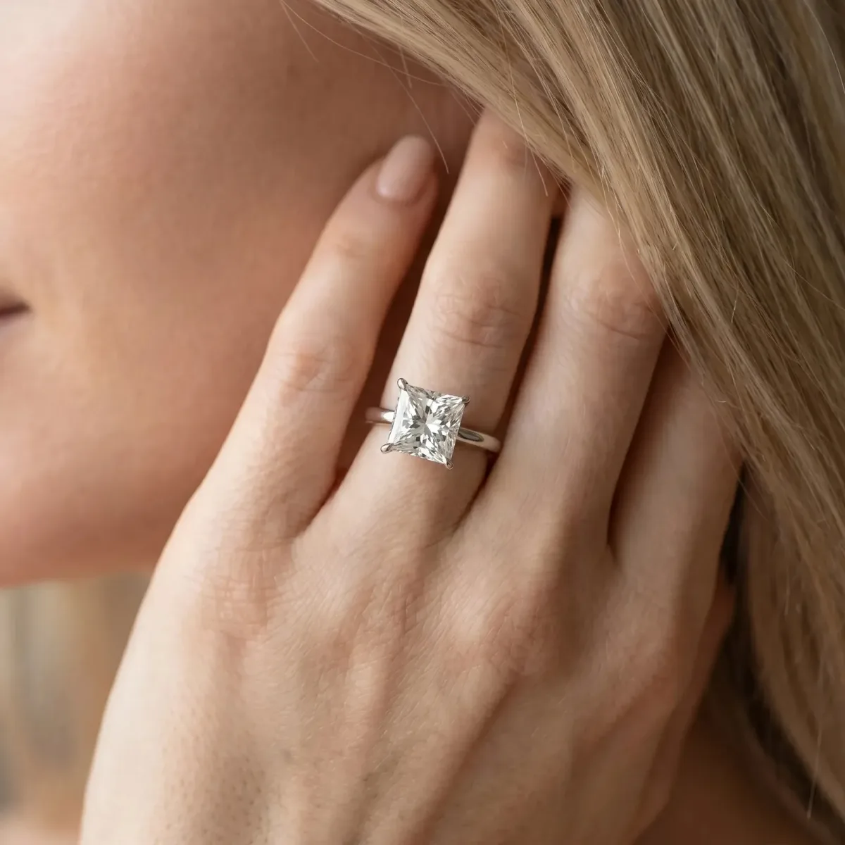 Princess Cut Diamond Solitaire Engagement Ring with Classic Band and Four-Prong Setting Platinum